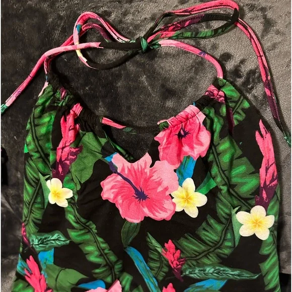 Colleen Lopez Halter Dress Vibrant Hibiscus Rayon Spandex Knee Length Large - Picture 8 of 13